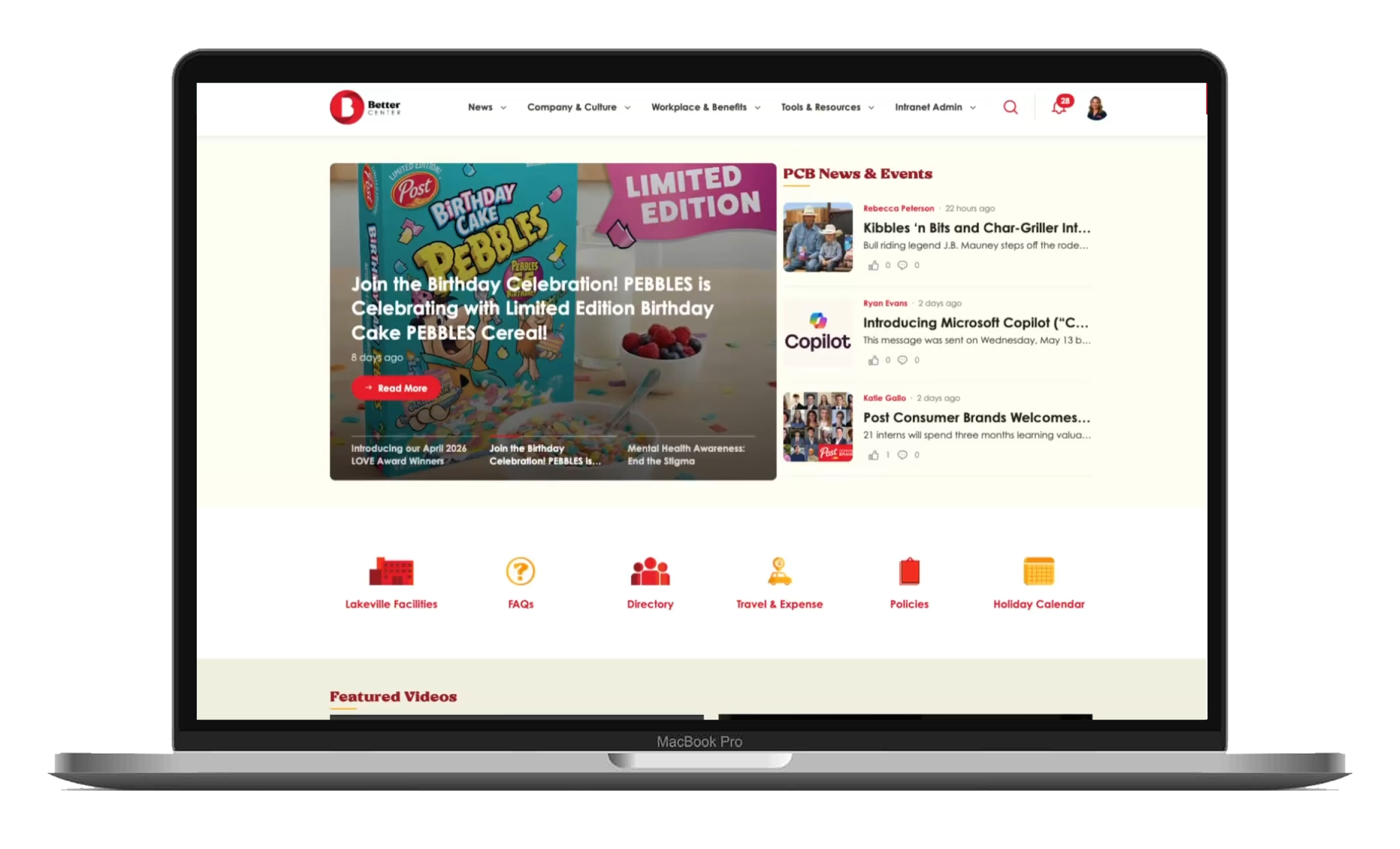 Computer screen with Post Consumer Brands website open