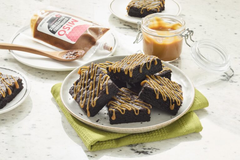 Miso Caramel Brownies on a countertop