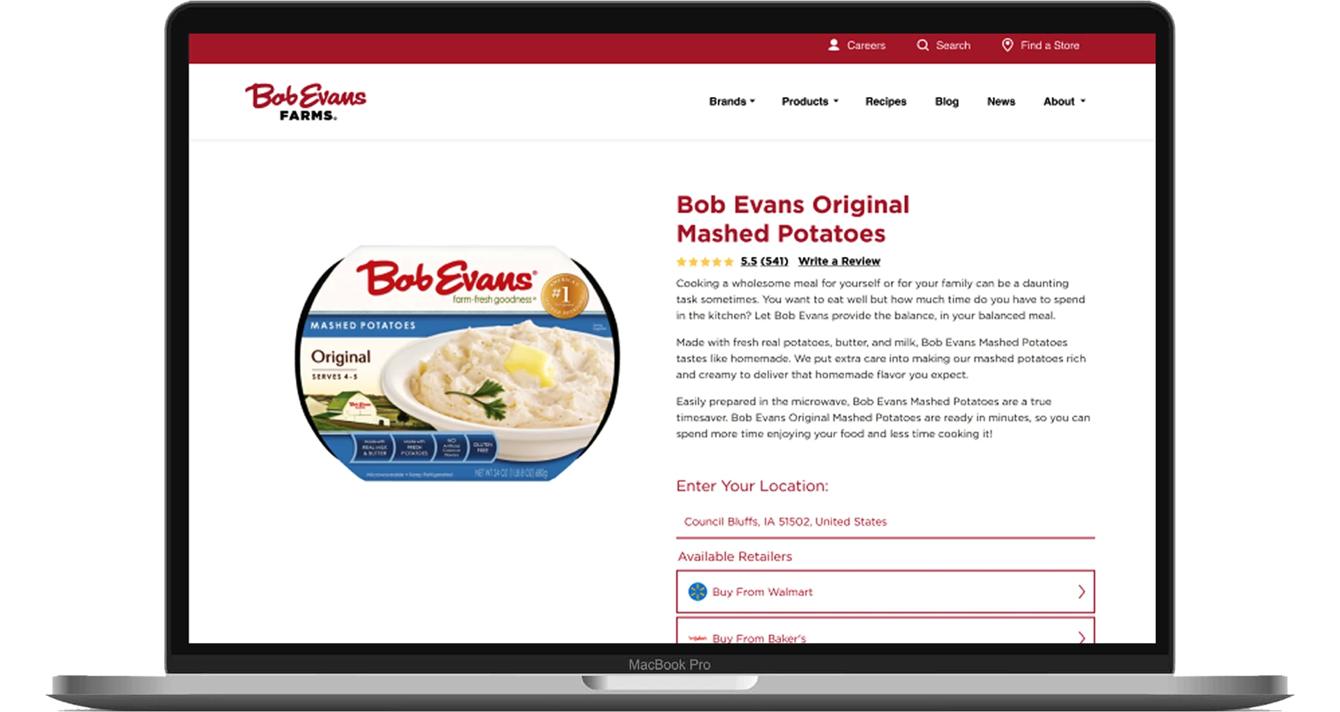 Laptop showing Bob Evans Farms website and a Product Detail Page for Original Mashed Potatoes