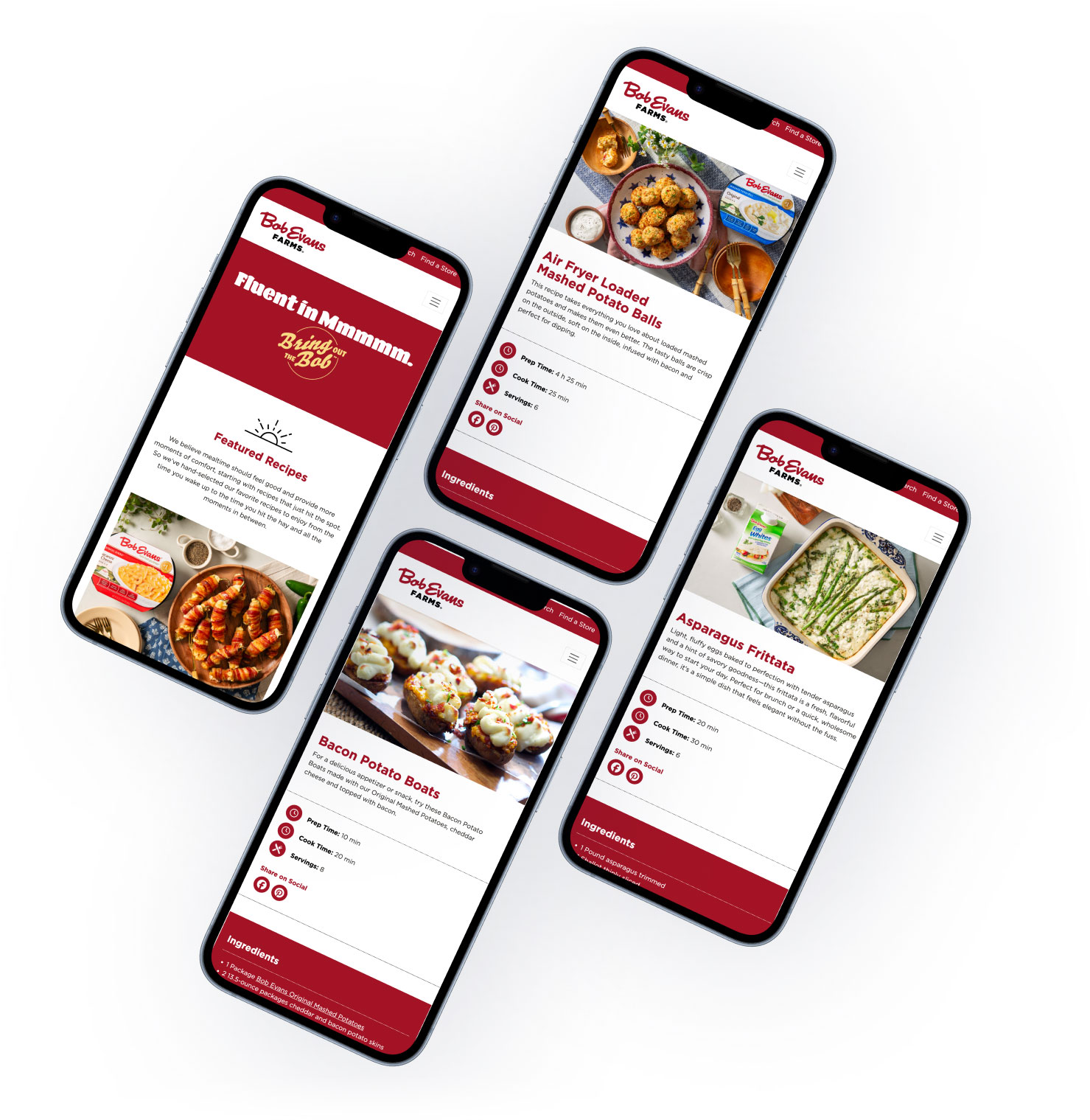 Phone screens showing Bob Evans Farms recipe webpages