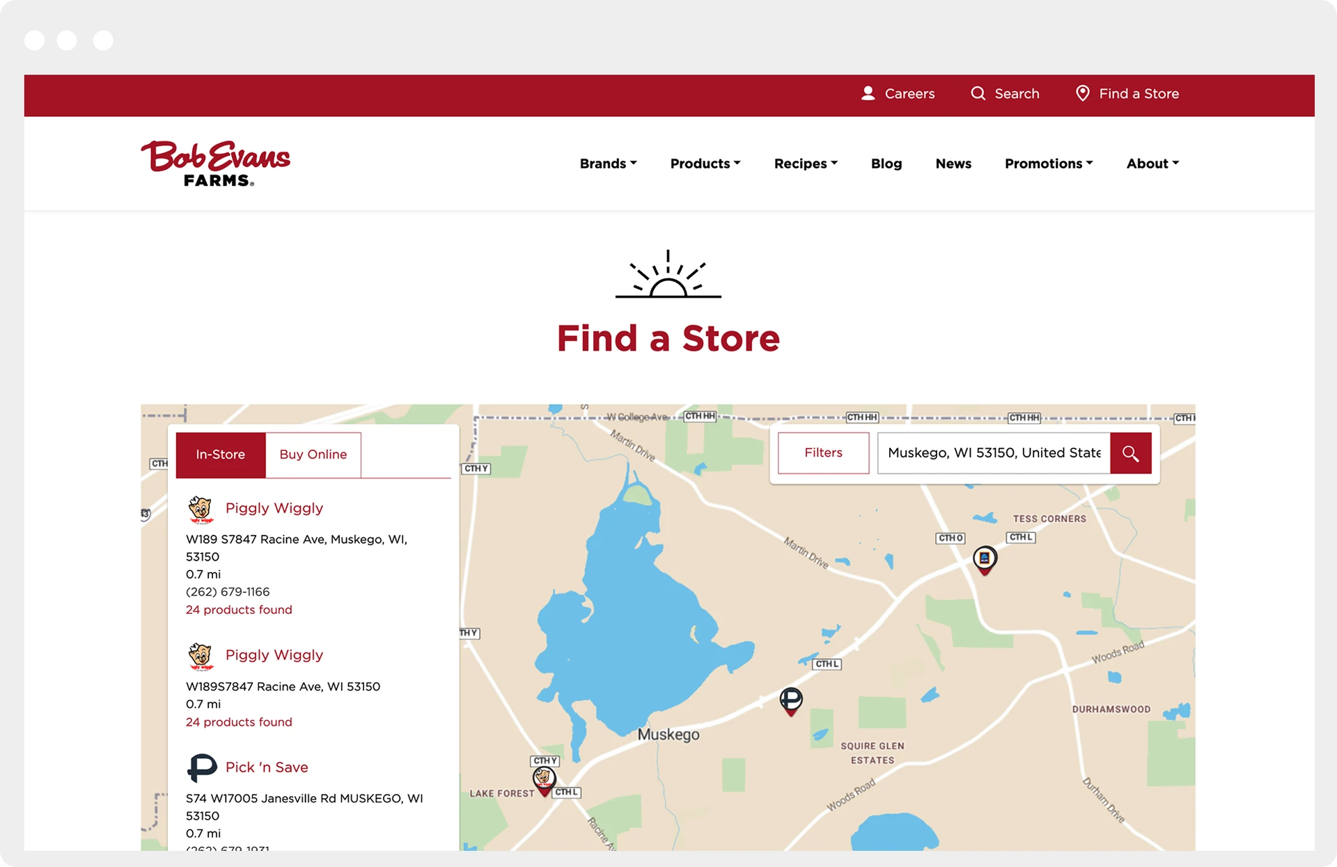 Browser window showing the Bob Evans Farms Find a Store webpage