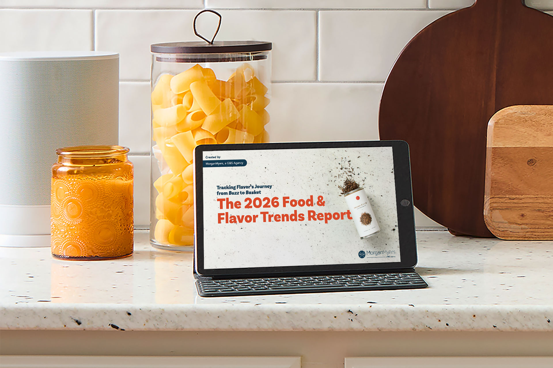 Photo of an iPad in a kitchen with the 2026 Food & Flavor Trends Report from MorganMyers