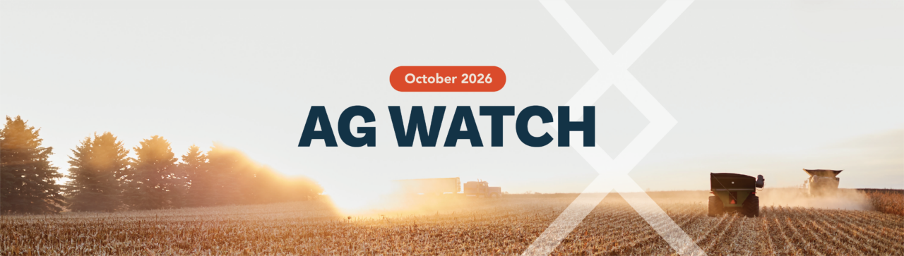 A field with multiple pieces of farm equipment harvesting corn. MorganMyers iconography is visible. An orange block with rounded edges says October 2026, and large blue text says Ag Watch